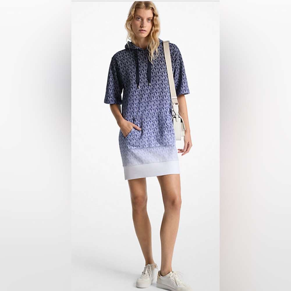 Michael Kors Signature Logo Ombré Blue Cotton/Terry Hoodie Dress Size M NWT💙
